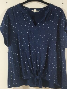 Mine Navy Polka Dot V-Neck Tie-Hem Blouse Fits More Like A Small